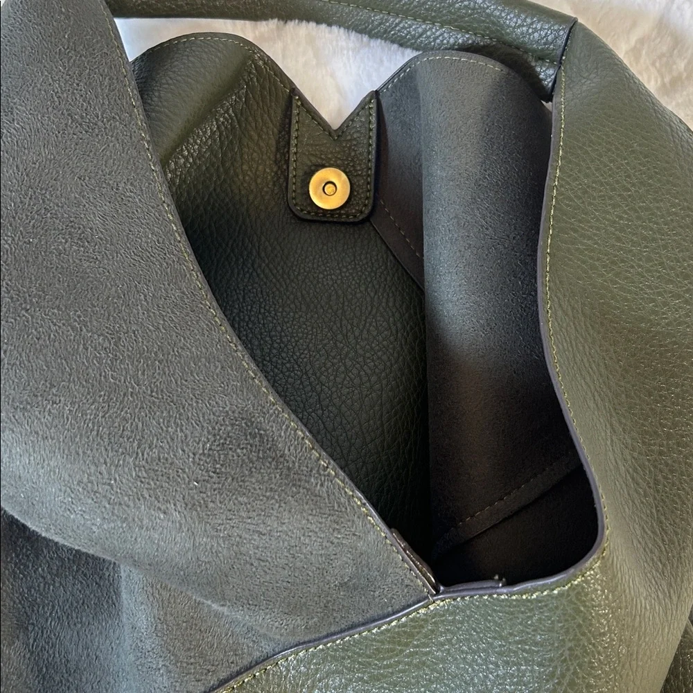 Olive Green Leather And Suede Hobo Tote Bag - Picture 7 of 10